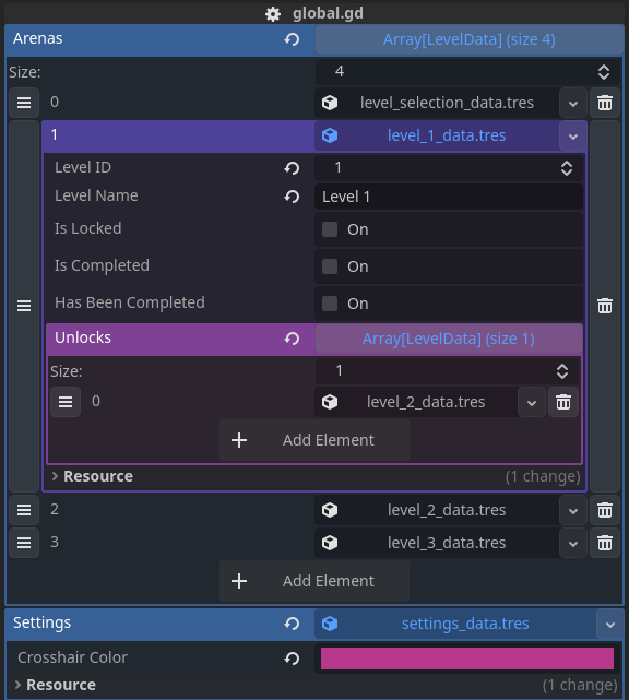 Inspector in the Godot Engine showing the Global singletons exports