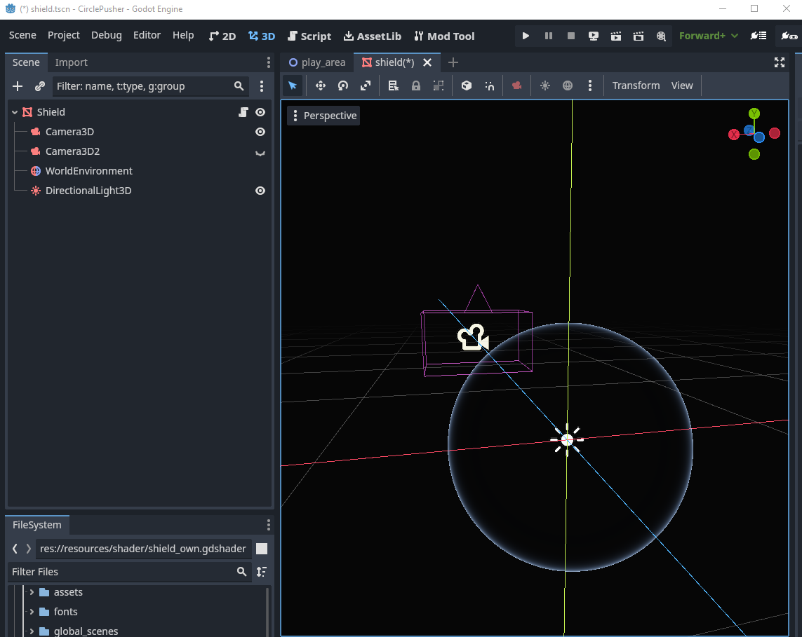 Screenshot from the Godot Editor showing a Sphere with Fresnel.
