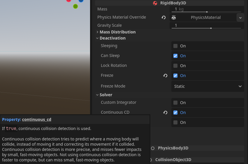 Inspector of a RigidBody3D in the Godot Engine showing the toggled continuos_cd checkbox