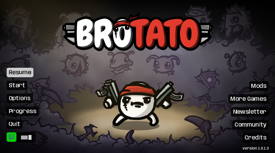 Brotato title screen with Twitch login button and data collect toggle button