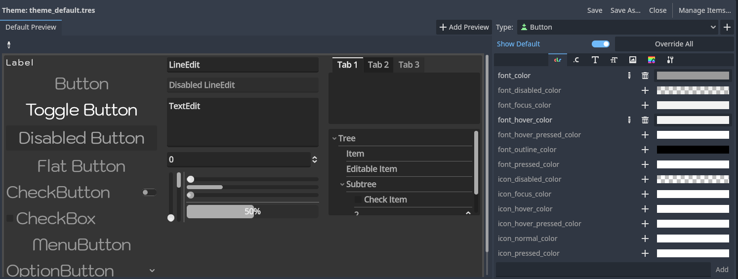 Screenshot of the Godot Theme Editor