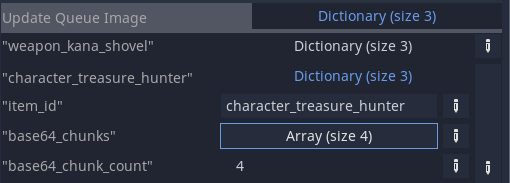 Screenshot of Godot Dictionary Editor showing the structure of the image update queue dictionary. Each image is stored by item_id key, and as a dictionary in that dictionary is item_id, base_64_chunks, and base_64_chunk_count.